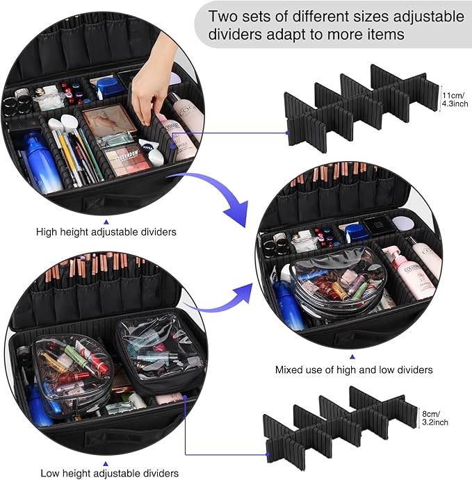 Relavel Extra Large Makeup Case, Makeup Artist Set Bag Professional Cosmetic Organizer Bag Storage Box with Makeup Brush Holder, Adjustable Dividers and Shoulder Strap, Black
