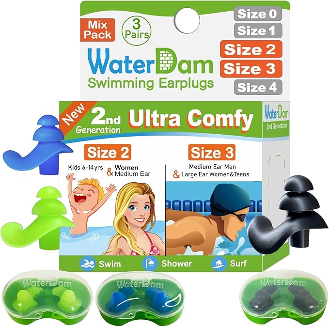WaterDam Swimming Ear Plugs Great Waterproof Ultra Comfy Earplugs Prevent Swimmer's Ear