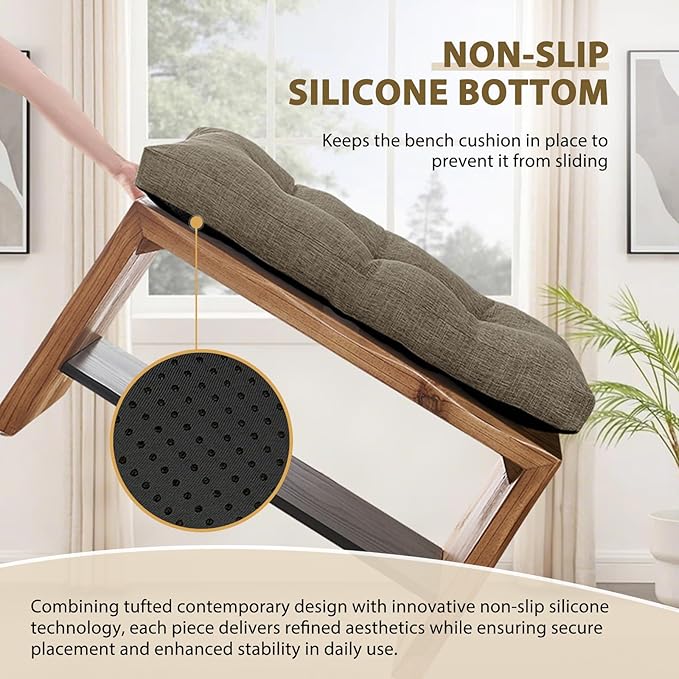 downluxe Indoor Bench Cushion for Indoor Furniture, Non-Slip Tufted Overstuffed Textured Foam Bench Seat Cushion, 36" X 14" X 4", Khaki, 2 Pack