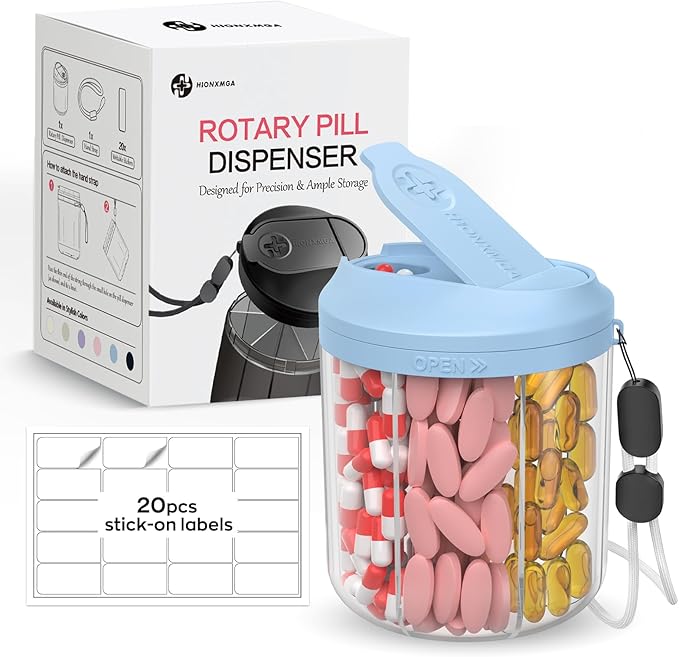 Pill Dispenser with 7 Large Compartments, 4.4" H x 3.6" Dia Pill Bottle Organizer for Travel, Supplement Organizer with Anti-Mixing Design, BPA-Free Pill Container with 20 Pcs Labels, Blue