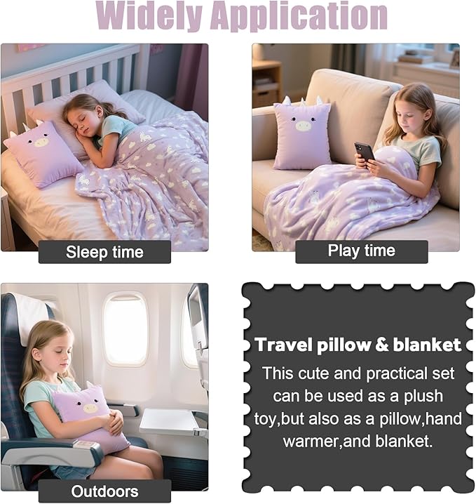3-in-1 Kids Travel Pillow and Blanket Set, Snuggle Pillow with Hand Warmer, 40x60 inches Unicorn Blanket for Girls Compact, Perfect for Travel, Camping, Home and Office