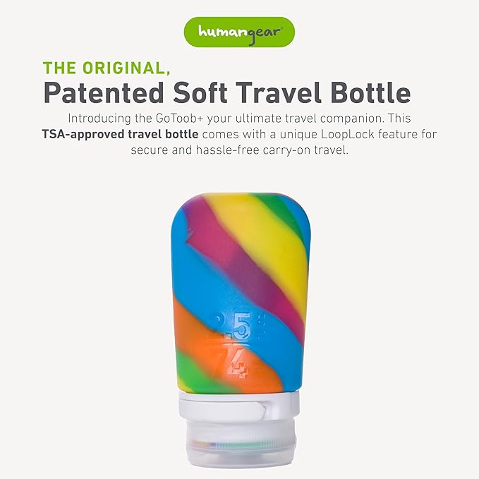 humangear GoToob+ (Medium) | Refillable Silicone Travel Bottle | Locking Lid | Food-Safe Material | Rainbow, Medium (2.5 fl.oz.; 74ml)