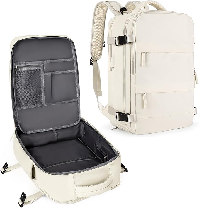 coowoz Large Travel Backpack For Women Men,Carry On Backpack Flight Approved,Hiking Backpack Waterproof Outdoor Sports Rucksack Casual Daypack Fit 15.6 Inch Laptop Shoes Compartment（Off White）