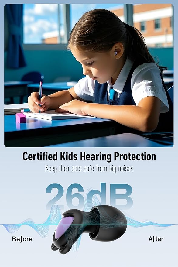 Kids Ear Plugs (6-12 Years) with Cord, Kids Ear Protection Reusable Noise Relief Earplugs for Focus, Travel, Concert, Socializing, Events, Sleep, Anxiety, Home, School, Playtime -26dB Noise Reduction
