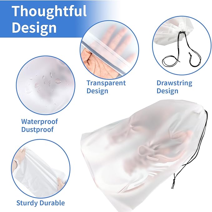 Clear Travel Shoe Bags 5-Pack (15.7x11.8 Inches) – Waterproof Drawstring Shoe Organizers for Packing, Essential Travel Gear for Men & Women