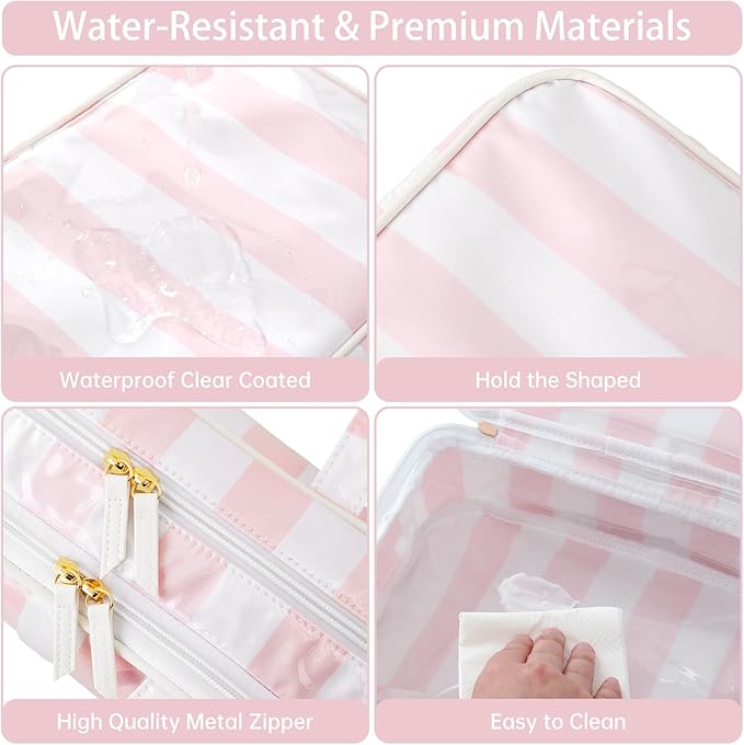 Travel Toiletry Bag for Women, Waterproof Clear Coated Portable Stripe Makeup Cosmetic Bag with Compartment, Travel Organizer for Shampoo, Conditioner, Brushes Set,Cosmetic Accessories(White-Pink)