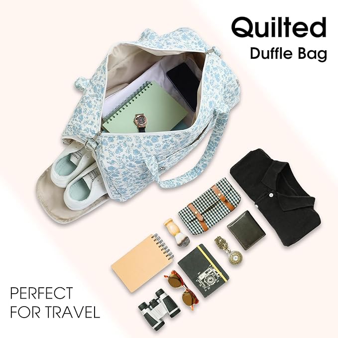 Duffle Bag, Gym Bag for Women, Quilted Duffle Bags, Travel Large Capacity Floral Weekender Bags with Shoe Compartment