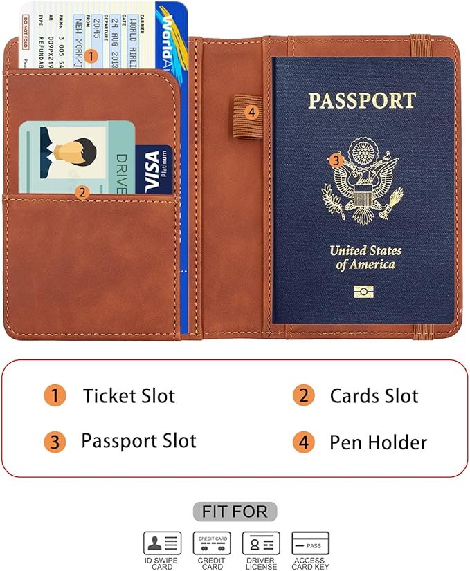 Melsbrinna Premium Leather Passport Holder Covers Case, Waterproof Rfid Blocking Travel Wallet Passport Holder with Pen Holder, Cute Passport Book for Women/Men