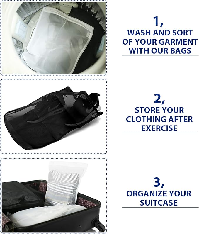 TENRAI Delicates Laundry Bags, Bra Fine Mesh Wash Bag for Underwear, Lingerie, Bra, Pantyhose, Socks, Use YKK Zipper, Have Hanger Loops (Black, 1 Large & 1 Medium)