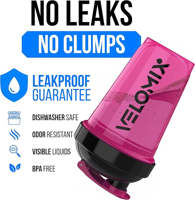 VELOMIX -2 Pack- 20 oz Protein Shaker Bottles for Protein Mixes - 2x Wire Whisk | Leak Proof Shaker Cups for Protein Shakes and Pre Workout | Protein Shaker Bottle Pack (A6) Black/Pink