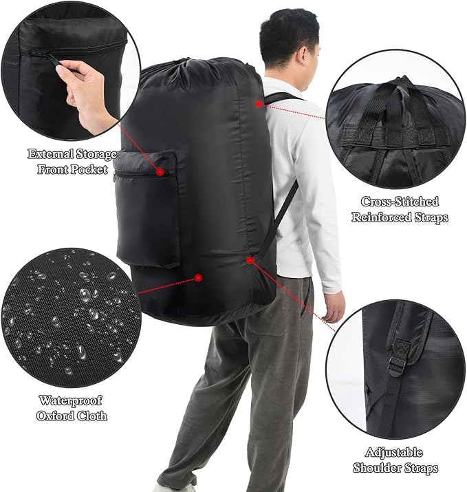 OTraki Laundry Bag Backpack, Large Travel Laundry Bags with Adjustable Shoulder Straps, Portable Heavy Duty Dirty Clothes Laundry Backpack for College Dorm,Drying Do Not Exceed 176℉ Black