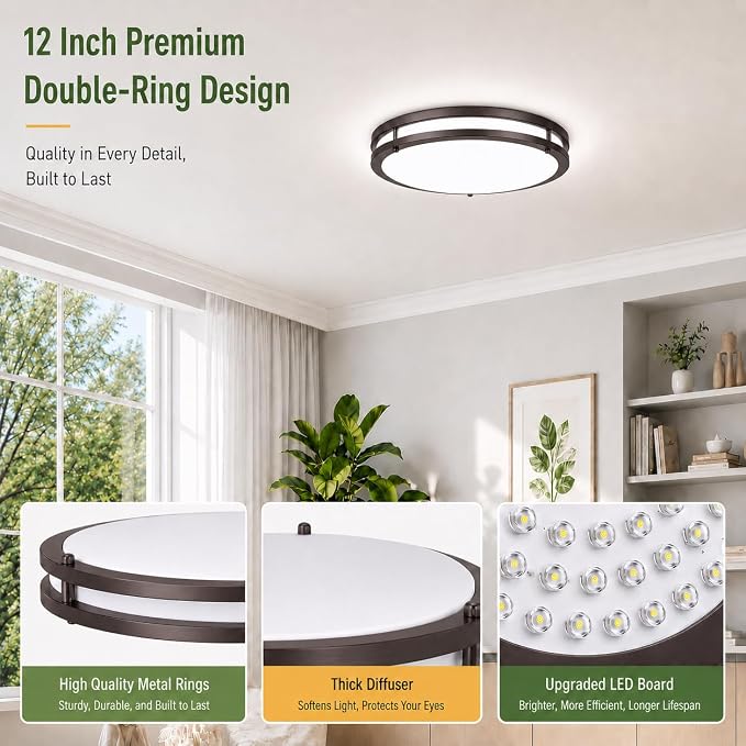 2-Pack 36W LED Ceiling Lights, 12Inch Oil Rubbed Bronze Saturn Flush Mount Light Fixtures 3600LM 2700K/3000K/4000K/5000K/6500K Adjustable, Modern Dimmable Lighting for Hallway Bathroom Kitchen Laundry