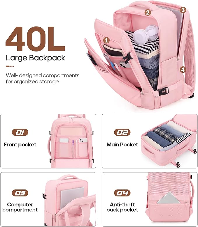 UKEIN Luggage Sets 3 Piece, PC Hardside Carry On Luggage 24 Inch With Spinner Wheels with TSA Lock, Large Suitcase Set With Travel Backpack (Pink, 3 piece set (24inch))