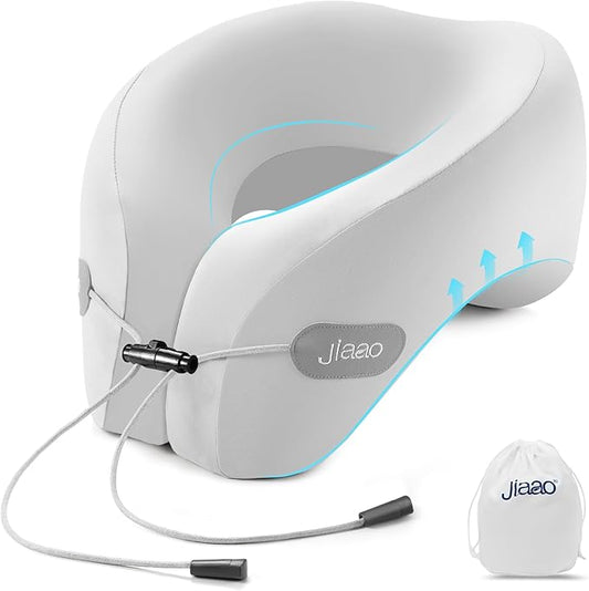 jiaao Memory Foam Neck Pillow for Airplanes - Adjustable Travel Pillow with Ergonomic 360° Support, Breathable Cover, Gray, Perfect for Flights, Road Trips, Trains, Office & Everyday Travel