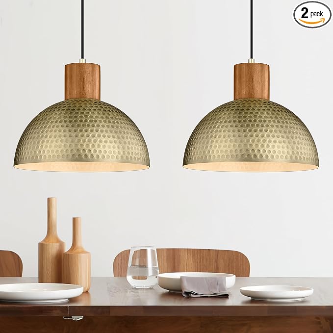 ELYONA 2 Pack Hammered Pendant Lights 12” Vintage Metal & Wood Dome Hanging Lamp Antique Gold Industrial Kitchen Pendant Light Fixtures for Island, Farmhouse, Dining Room, Sink, Hallway, Brushed Brass