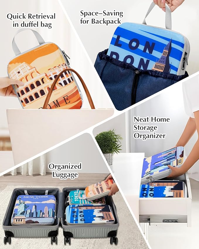 Gonex Compression Packing Cubes, 6pcs Expandable Storage Travel Luggage Bags Organizers with Shoe Bag Laundry Bag, Travel Cubes for Suitcase Carry On (Urban Landscape)