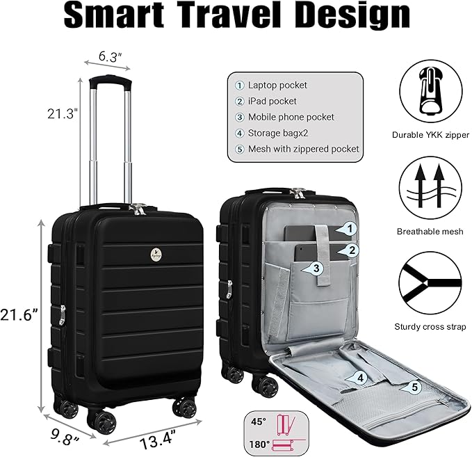 Classic 20" Carry-On with TSA Lock Spinner Wheels, Lightweight Hardside Expandable Suitcase with Front Open Pocket Compartment, Black