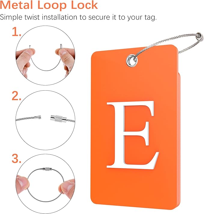 Gostwo 2 Pack Luggage Tags for Suitcases, 26 Initial Letter Travel Luggage Baggage Identification Labels ID Tag Fully Bendable Tags with Stainless Steel Loop (Orange) (Letter E)