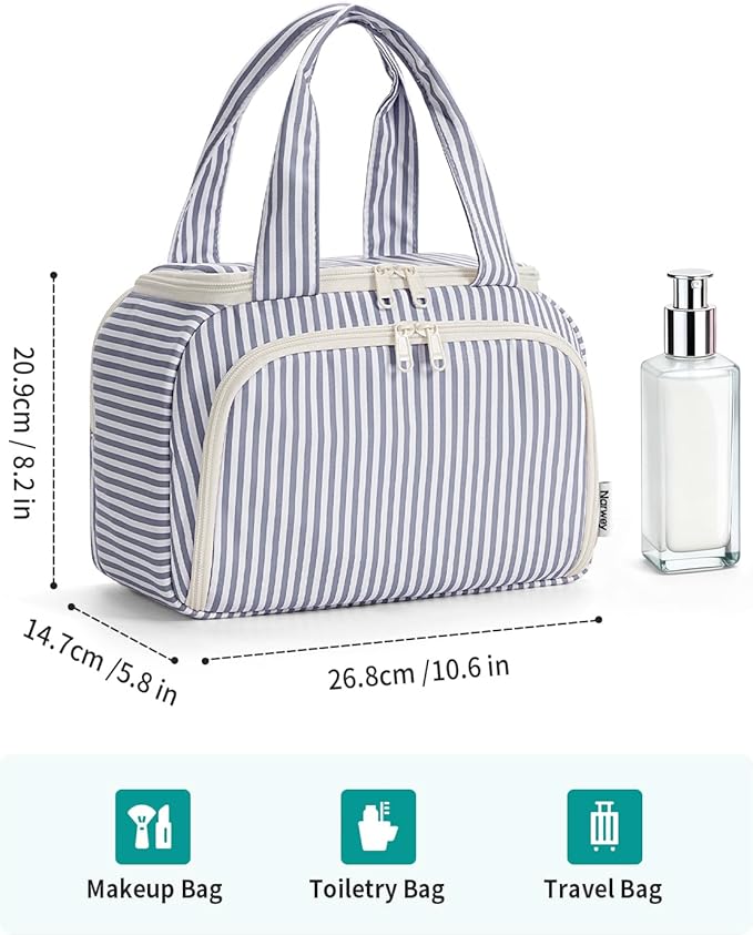 Narwey Striped Travel Toiletry Bag for Women Large Makeup Bag, Wide-open Cosmetic Make Up Organizer with Handle, Travel Bag for Toiletries, Essentials, Accessories (Greyish Blue Stripe)