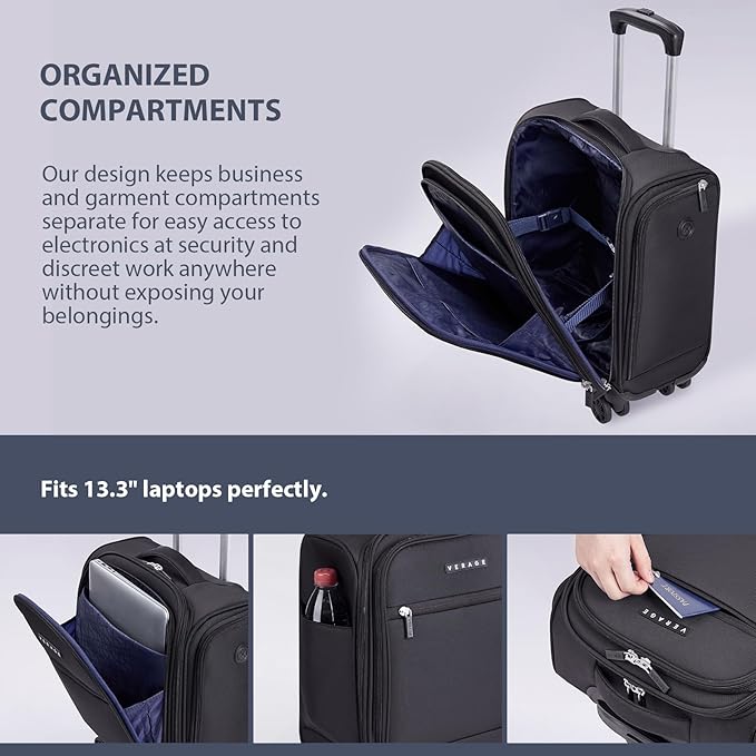 Verage Underseat Carry On Luggage with Wheels, 14.5-Inch Spinner Small Suitcase, Softside Lightweight Travel Bag for Men and Women, Airplane Carry On Bag, Black