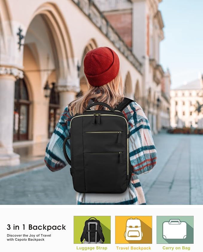 Capolo Travel Backpack for Women Men Waterproof Laptop Backpack Airlines Approved Personal Item Backpack Bag Computer Bookbag for Business, Work, Traveling Fits 15.6 Inch Laptop(Black)