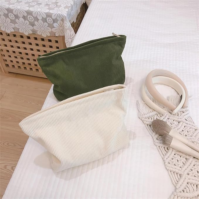 HAPPYHEIDI Large Corduroy Makeup Bag with Compartment Cosmetic Toiletry Travel Pouch Office Car Accessory Organizer, Soft Creamy White