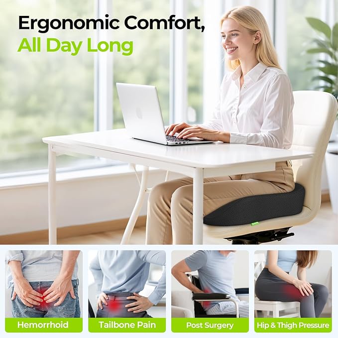 AUVON Ergonomic Donut Pillow Seat Cushion for Hemorrhoid & Tailbone Pain Relief, Thick Memory Foam Chair Cushion with Firm Support for Coccyx, Sciatica, Pressure Sores, Pregnancy, Postpartum Recovery