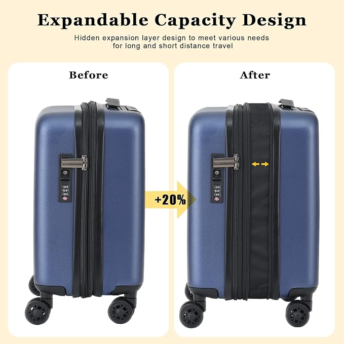 16 Inch Underseat Carry On Luggage Airline Approved, Expandable Lightweight ABS+PC Hard Shell Suitcases with 360° Spinner Wheels, TSA Lock, YKK Zipper, for Business Weekender (Blue, 1 PC)