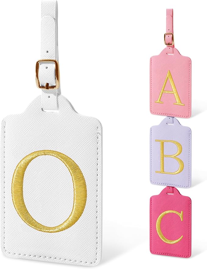 Initial Letter Luggage Tags for Suitcases, Personalized Embroidered Letter Luggage Bag Suitcase Identifier Name Tag, Cute PU Leather Travel Luggage Tags, Bag Tags for Luggage Handbags(White O)