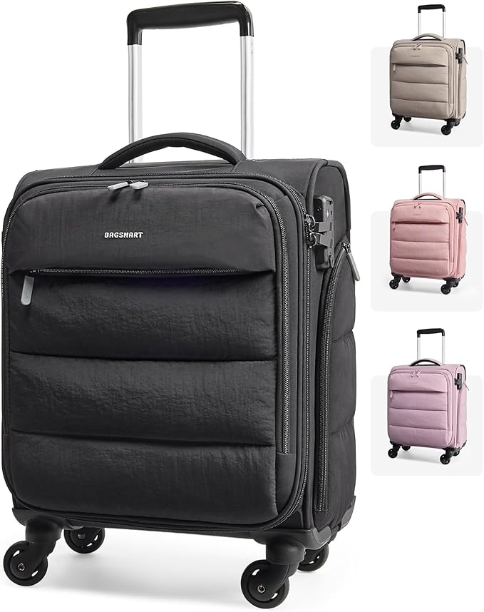 BAGSMART Underseat Carry on Luggage with Wheels, Soft Small Travel Luggage with PVC Wet/Dry Pockets, Lightweight Soft Personal Item Suitcase for Short Trip, Black