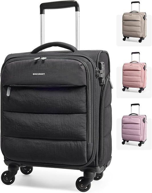 BAGSMART Underseat Carry on Luggage with Wheels, Soft Small Travel Luggage with PVC Wet/Dry Pockets, Lightweight Soft Personal Item Suitcase for Short Trip, Black