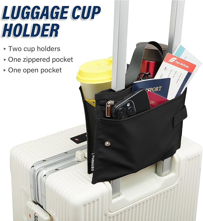 Luggage Cup Holder for Suitcases, Portable Foldable Travel Cup Holder with Handle and Hook, Luggage Drink Holder for Two Coffee Cups,Gift for Flight Attendants