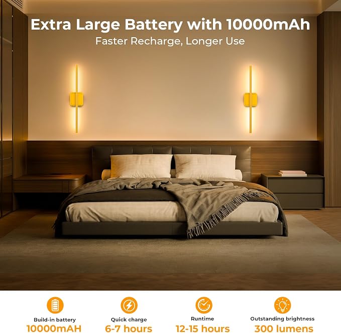 Battery Operated Wall Sconce Wireless Detachable 360°Rotate Dimmable 1 Pack | Rechargeable Wall Light 3000-6500K with Remote Control 10000mAh for Bedroom Living Room 28.3" Gold