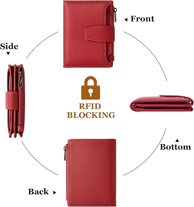 Airkit Small Wallet Women RFID Blocking Leather Bifold Compact Card Holder Wallet for Women with Zipper Coin Pocket 4 ID Window
