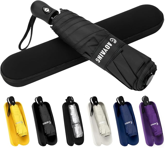 GAOYAING Mini Compact Travel Umbrella with Reflective Safety Stripes, Portable Folding Design with Case