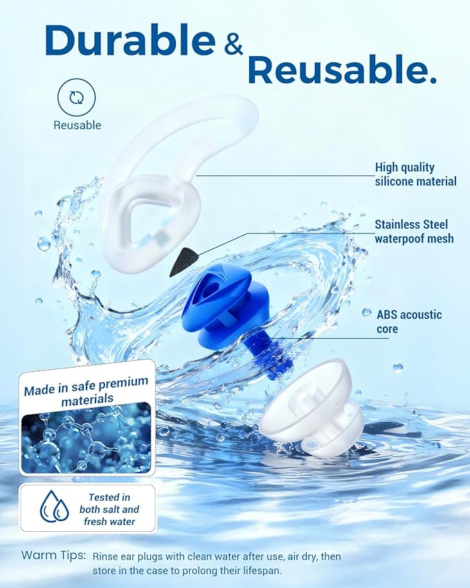 Ear Plugs for Swimming–2 Pairs Soft Silicone Reusable Waterproof Earplugs for Adults & Men Women, Custom Fit for Swimmers Ear, Pool, Beach, Snorkeling, Surfing, Kickboard Training(Blue)
