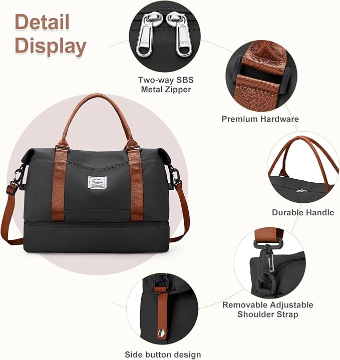 Large Weekender Bags for Women, Travel Duffel Bag with Shoe Compartment,Personal Item Travel Carry on Overnight Bag for Women Travel Set,Black & Brown