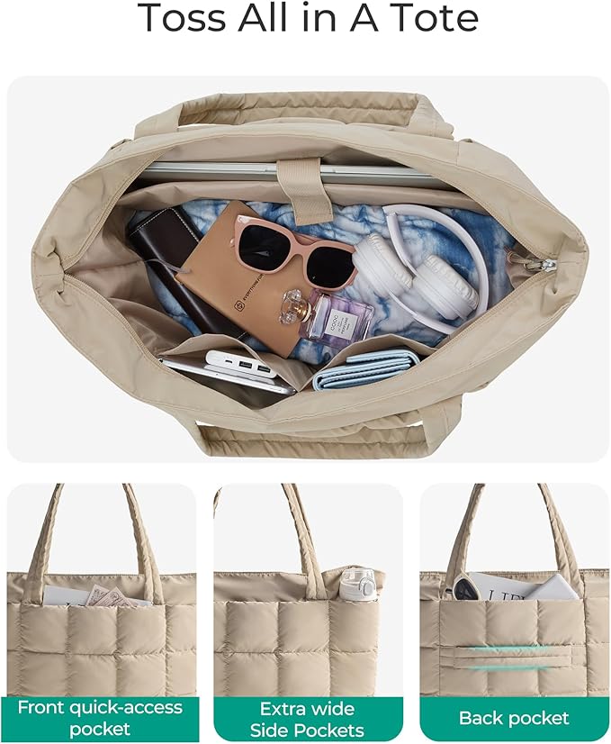 BAGSMART Expandable Tote Bag for Women, Puffer Work Tote Handbag, Quilted Carry On Bag for Travel Gym