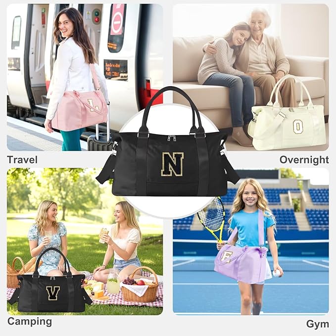 Dance Gym Duffel Bag for Teen Girls, Personalized Initial Travel Weekender Bag,Cute Overnight Carry On Duffle for Women,Sports Travel Cheer Bag,Monogram Christmas Gifts for Tween Preppy(black-N)