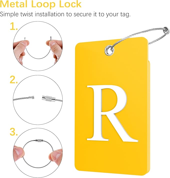 Gostwo 2 Pack Luggage Tags for Suitcases, 26 Initial Letter Travel Luggage Baggage Identification Labels ID Tag Fully Bendable Tags with Stainless Steel Loop (Yellow) (Letter R)