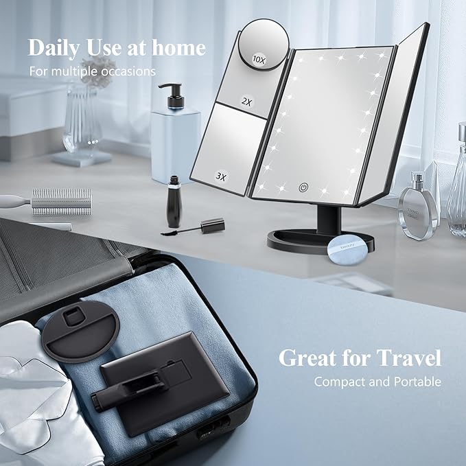 HUONUL Makeup Mirror, Vanity Mirror with Lights, 2X/3X/10X Magnification, Touch Control, Trifold, Dual Power Supply, Valentines Day Gifts for Her,Gifts for Women, Wife, Mom, Girls,Dorm Room Essentials