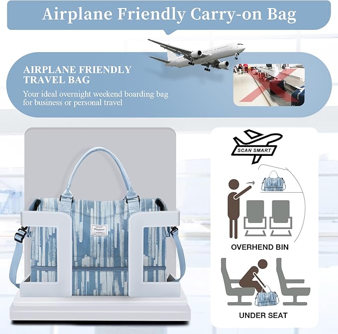 Weekender Bags for Women,Personal Item Travel Bag with Shoes Compartment,Overnight Travel Duffel Bag with Toiletry Bag,Denim Print
