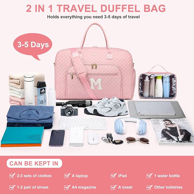 Letter Travel Duffle Bags for Women - Initial Personalized Weekender Bag with Shoe Compartment Carry On Overnight Bag with Toiletry Bag Duffel Bags Hospital Bags Birthday Gifts Pink (Letter M)