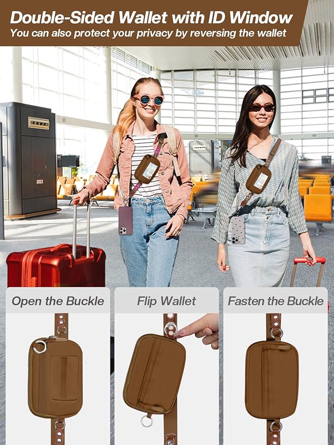 Tiostep Clip and Go Strap for Phone with Wallet Crossbody Phone Lanyard Adjustable and Detachable RFID Wristlet Wallet with ID Window and Zipper, Brown