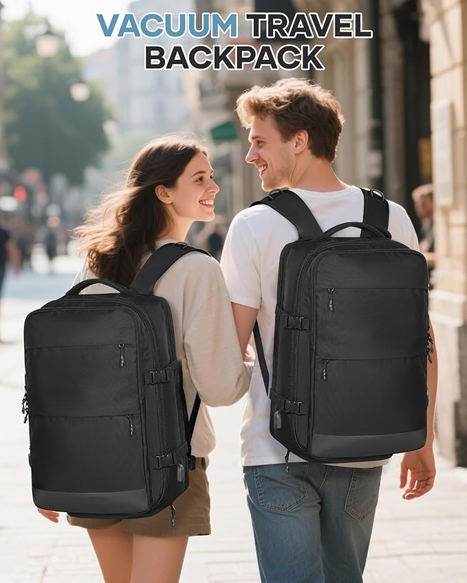 VECAVE Vacuum Travel Backpack with Pump for Women, Personal Item Carry on Backpacks Flight Approved 18x14x8 inches for Men,Laptop Waterproof Work Compression bags Casual Daypack,Black.