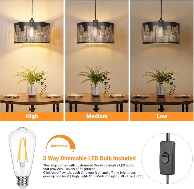 Qingmiao Boho Plug in Pendant Light, Black Shade, 3 Way Bulb, 14ft Cord | Hanging Lamp Plug in, 3-Way Dimmable Hanging Light Fixture for Living Room Bedroom Kitchen Ceiling Home Decor