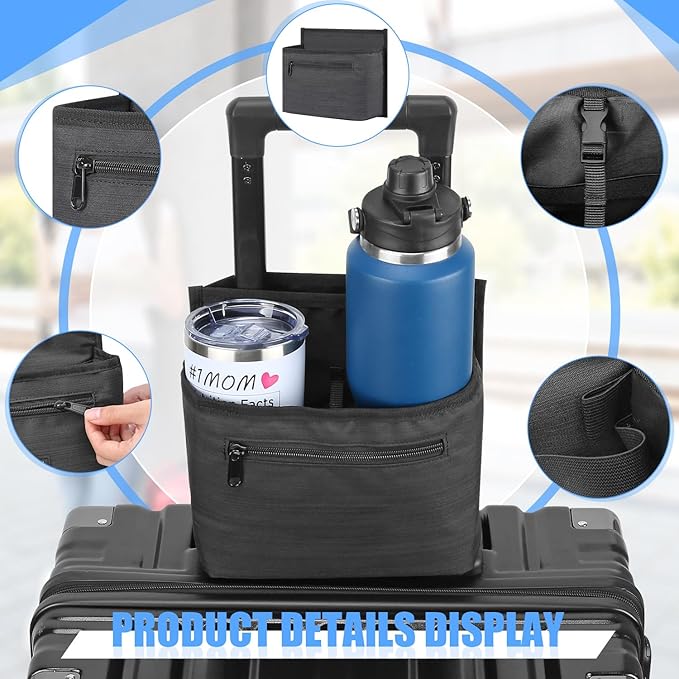 ZHCHG Luggage Travel Cup Holder Attachment for Suitcase Drink Carrier Caddy, Coffee Mug and Tumblers, Traveler Carry on Hands Free Accessory- Gifts for Flight Attendants Travelers Accessories- Black