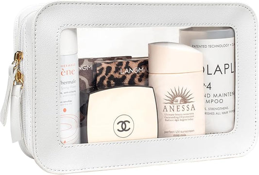 LETGO Clear Makeup Bags, TSA Approved Toiletry Bag with Zipper, Portable Make Up Organizer Traveling Compact Car Bag for Essentials(Clear-White)