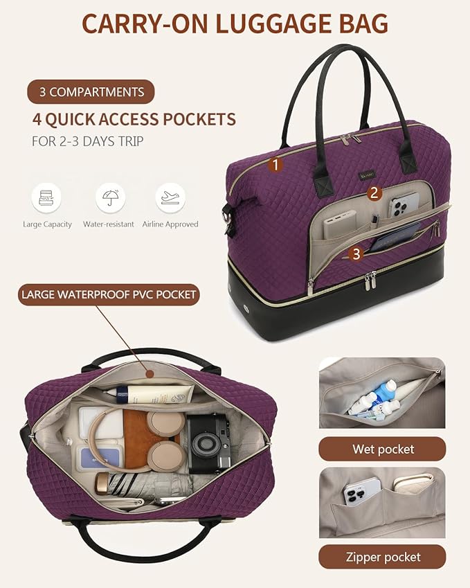 Duffle Bag for Women Travel, Weekender Bag Overnight Bag with Shoe Compartment, Carry on Bag with Crossbody Purse for Over Night, Weekend, Yoga, Gym, Business Trips, Hospital, Purple Black