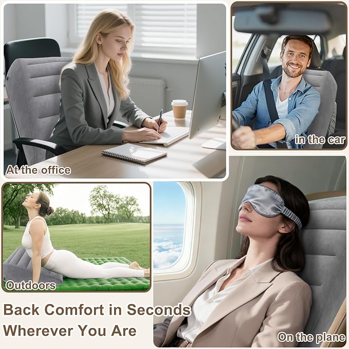 TheClover Inflatable Travel Wedge Pillow for Sleeping- Portable Bed Wedge with Eye Mask,Portable Neck & Back Support for Side Sleepers, Adjustable Air Cushion for Airplane, Car, Office (Grey)
